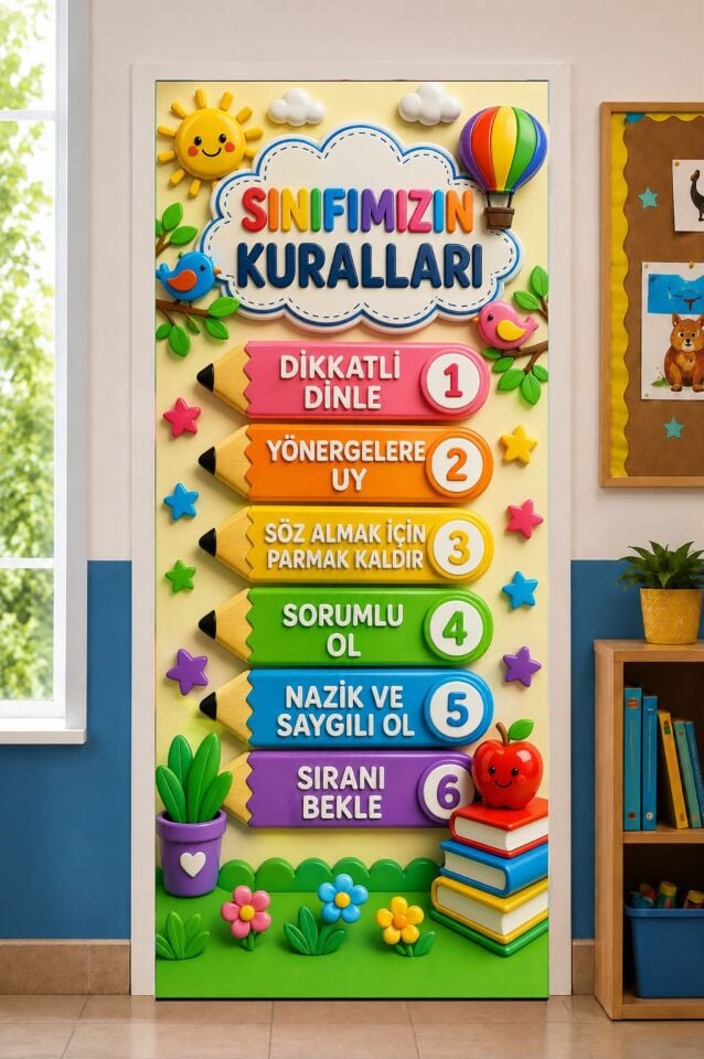 190x75cm Lastikli kapı süsü, Kumaş kapı giydirme, Sınıfımızın Kuralları, Sınıf Kapısı, Okul etkinlik kapı süsü