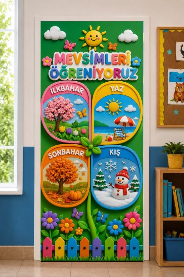 190x75cm Lastikli kapı süsü, Kumaş kapı giydirme, Mevsimleri Öğreniyoruz Sınıf Kapısı, Okul etkinlik kapı süsü
