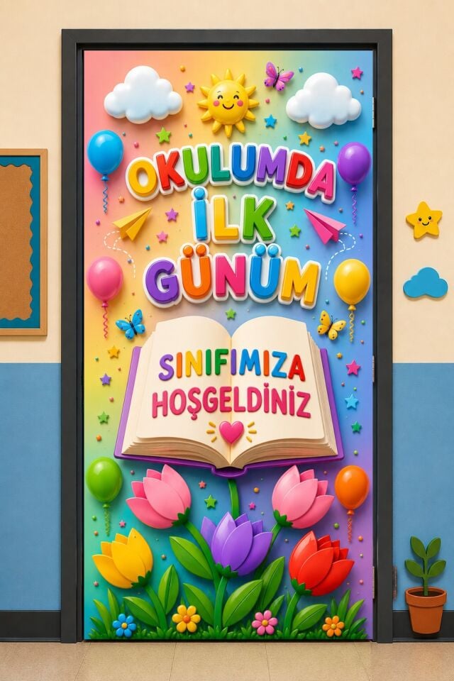 190x75cm Lastikli kapı süsü, Kumaş kapı giydirme, Sınıfımıza Hoşgeldiniz Sınıf Kapısı, Okul etkinlik kapı süsü