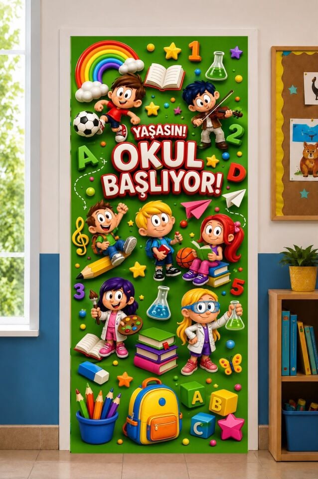 190x75cm Lastikli kapı süsü, Kumaş kapı giydirme, Yaşasın Okul Başlıyor, Sınıf Kapısı, Okul etkinlik kapı süsü