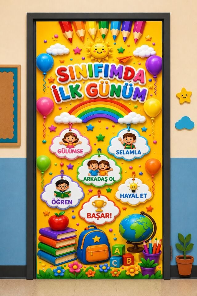 190x75cm Lastikli kapı süsü, Kumaş kapı giydirme, Sınıfımda İlk Günüm, Sınıf Kapısı, Okul etkinlik kapı süsü