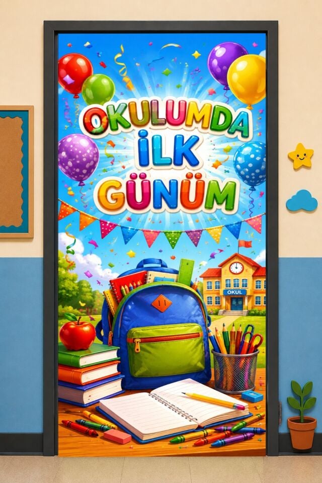 190x75cm Lastikli kapı süsü, Kumaş kapı giydirme, Renkli ve Canlı Okulumda İlk Günüm Konseptli, Sınıf Kapısı, Okul etkinlik kapı süsü