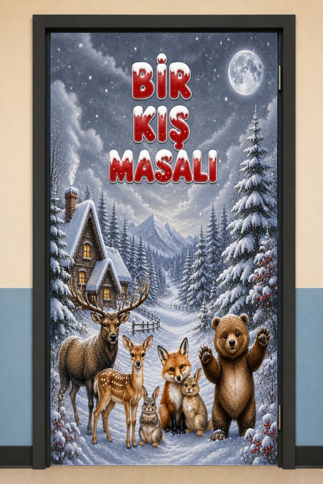 190x75cm Lastikli kapı süsü, Kumaş kapı giydirme, Bir Kış Masalı, Sınıf Kapısı, Okul etkinlik kapı süsü