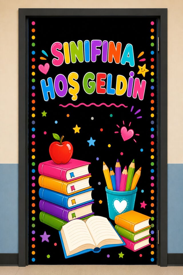 190x75cm Lastikli kapı süsü, Kumaş kapı giydirme, Sınıfına Hoşgeldin, Sınıf Kapısı, Okul etkinlik kapı süsü