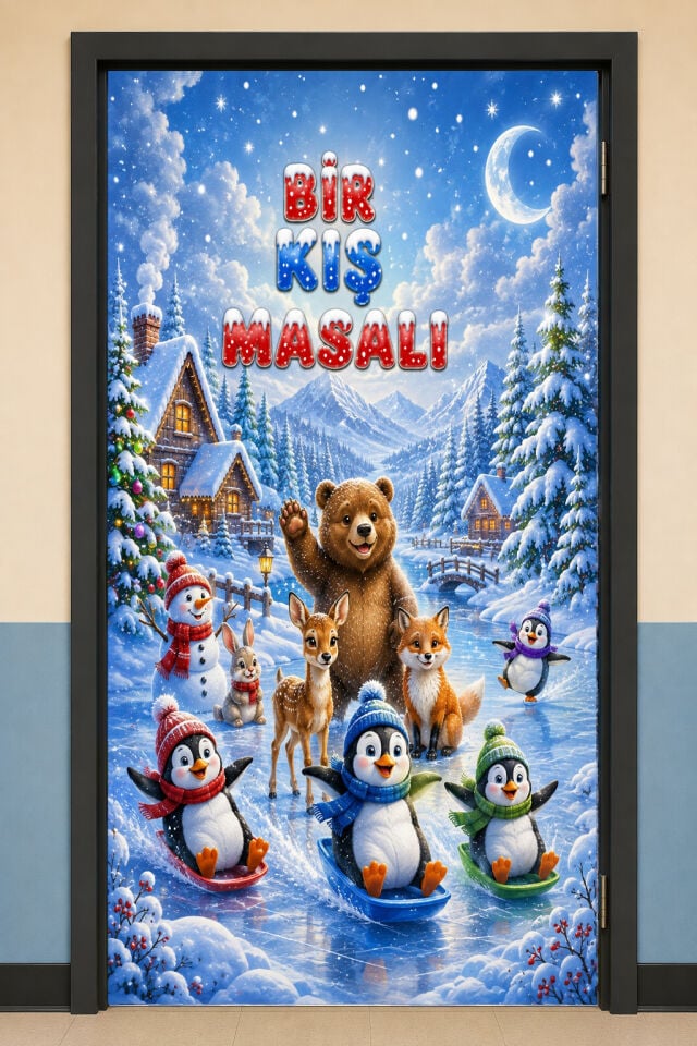 190x75cm Lastikli kapı süsü, Kumaş kapı giydirme, Bir Kış Masalı, Sınıf Kapısı, Okul etkinlik kapı süsü