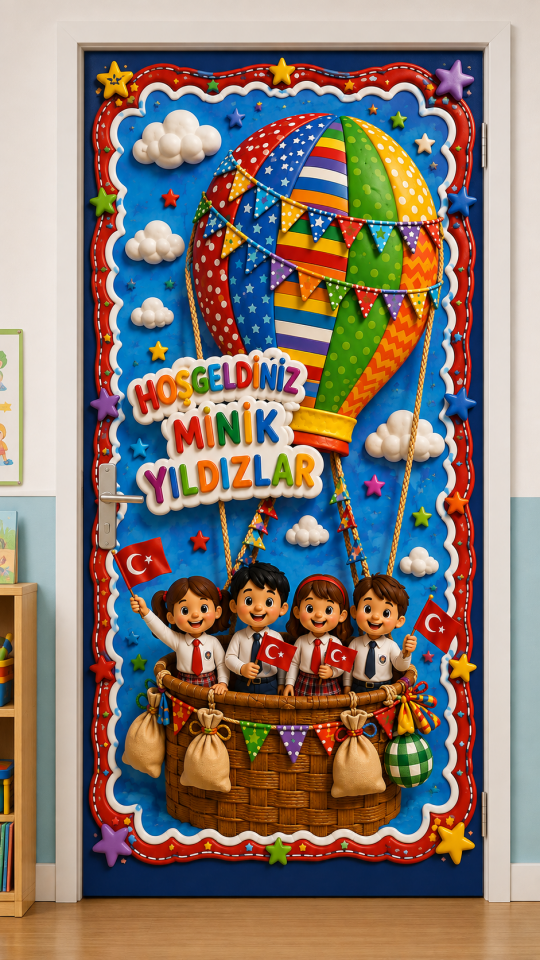 190x75cm Lastikli kapı süsü, Kumaş kapı giydirme, Hoş Geldiniz Minik Yıldızlar , Sınıf Kapısı, Okul etkinlik kapı süsü