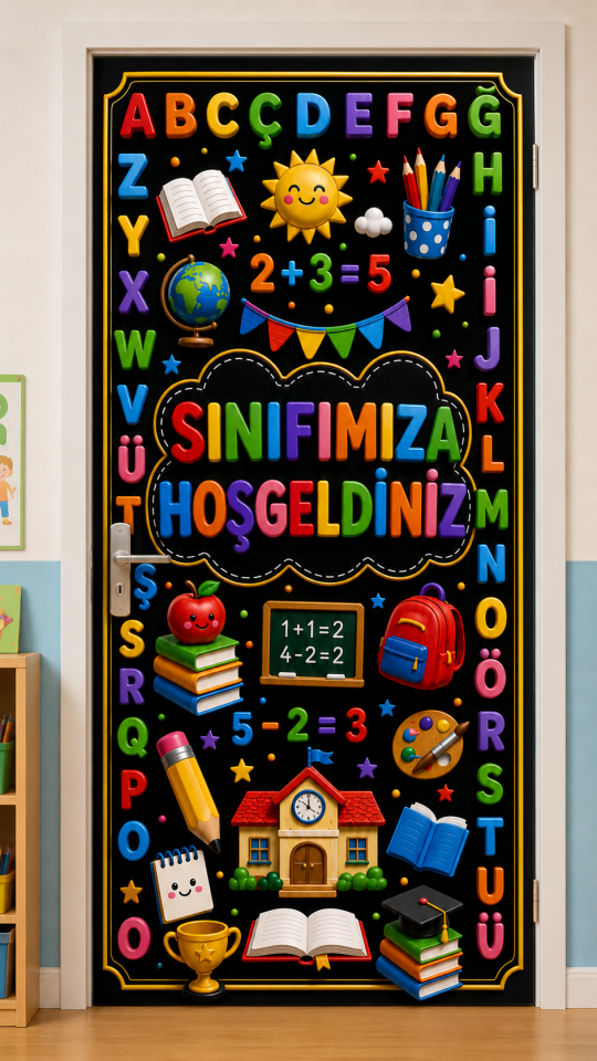 190x75cm Lastikli kapı süsü, Kumaş kapı giydirme, Sınıfımıza Hoş Geldiniz, Sınıf Kapısı, Okul etkinlik kapı süsü