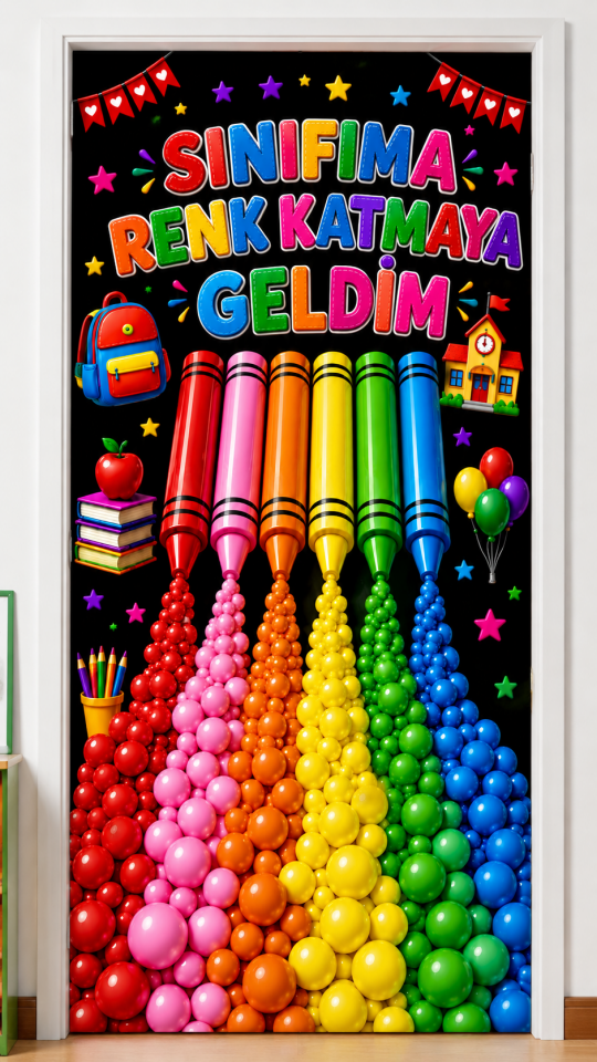 190x75cm Lastikli kapı süsü, Kumaş kapı giydirme, Siyah Arkaplan Sınıfıma Renk Katmaya Geldim, Sınıf Kapısı, Okul etkinlik kapı süsü