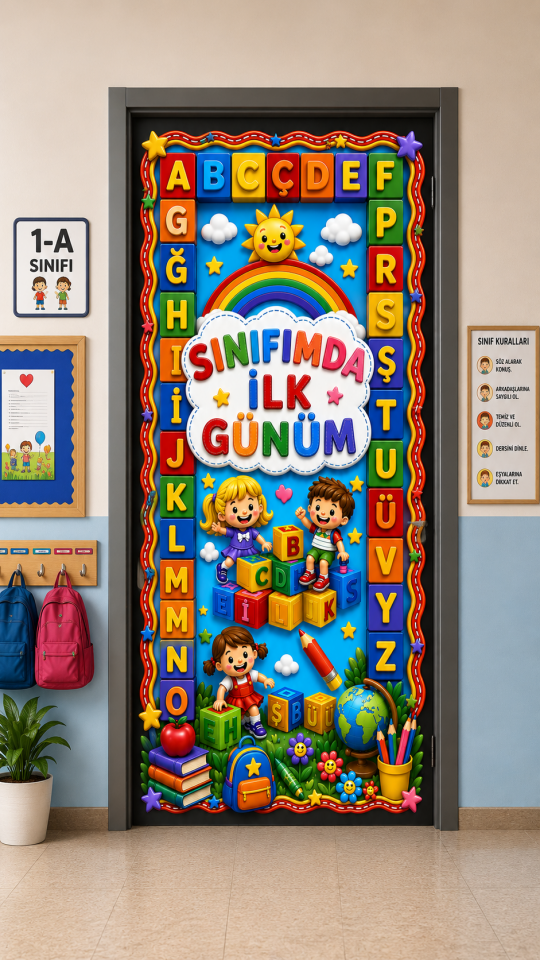 190x75cm Lastikli kapı süsü, Kumaş kapı giydirme, Alfabe Çerçeveli Renkli Sınıfımda İlk Günüm Yazılı, Sınıf Kapısı, Okul etkinlik kapı süsü