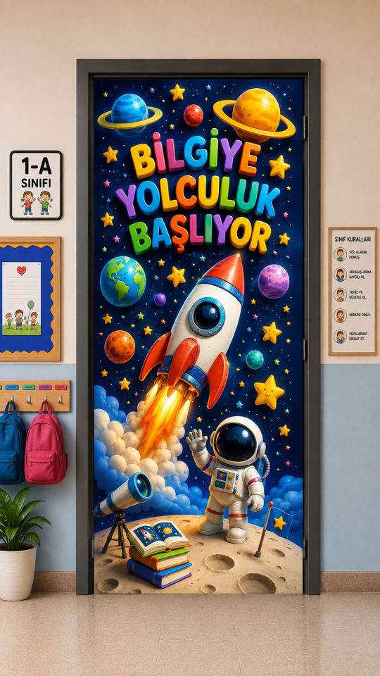 190x75cm Lastikli kapı süsü, Kumaş kapı giydirme, Bilgiye Yolculuk Başlıyor, Sınıf Kapısı, Okul etkinlik kapı süsü