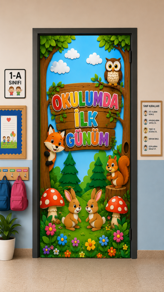 190x75cm Lastikli kapı süsü, Kumaş kapı giydirme, Okulumda İlk Günüm Sınıf Kapısı, Okul etkinlik kapı süsü