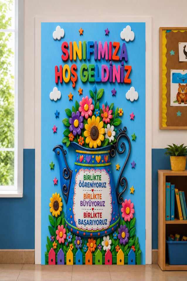190x75cm Lastikli kapı süsü, Kumaş kapı giydirme, Sınıfımıza Hoşgeldiniz, Sınıf Kapısı, Okul etkinlik kapı süsü