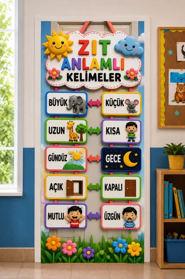 190x75cm Lastikli kapı süsü, Kumaş kapı giydirme, Zıt Anlamlı Kelimeler, Sınıf Kapısı, Okul etkinlik kapı süsü