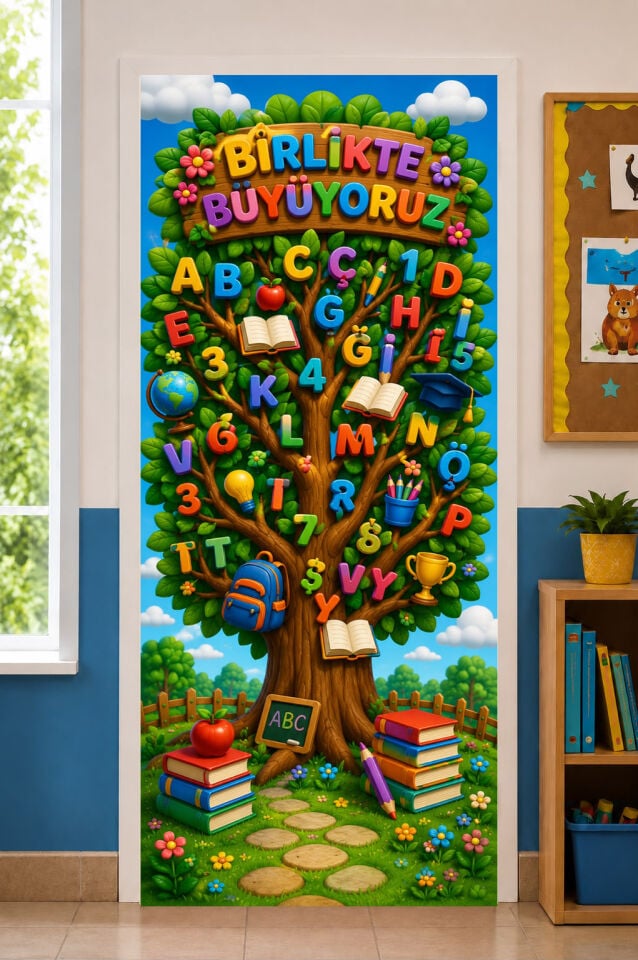 190x75cm Lastikli kapı süsü, Kumaş kapı giydirme, Birlikte Büyüyoruz, Sınıf Kapısı, Okul etkinlik kapı süsü