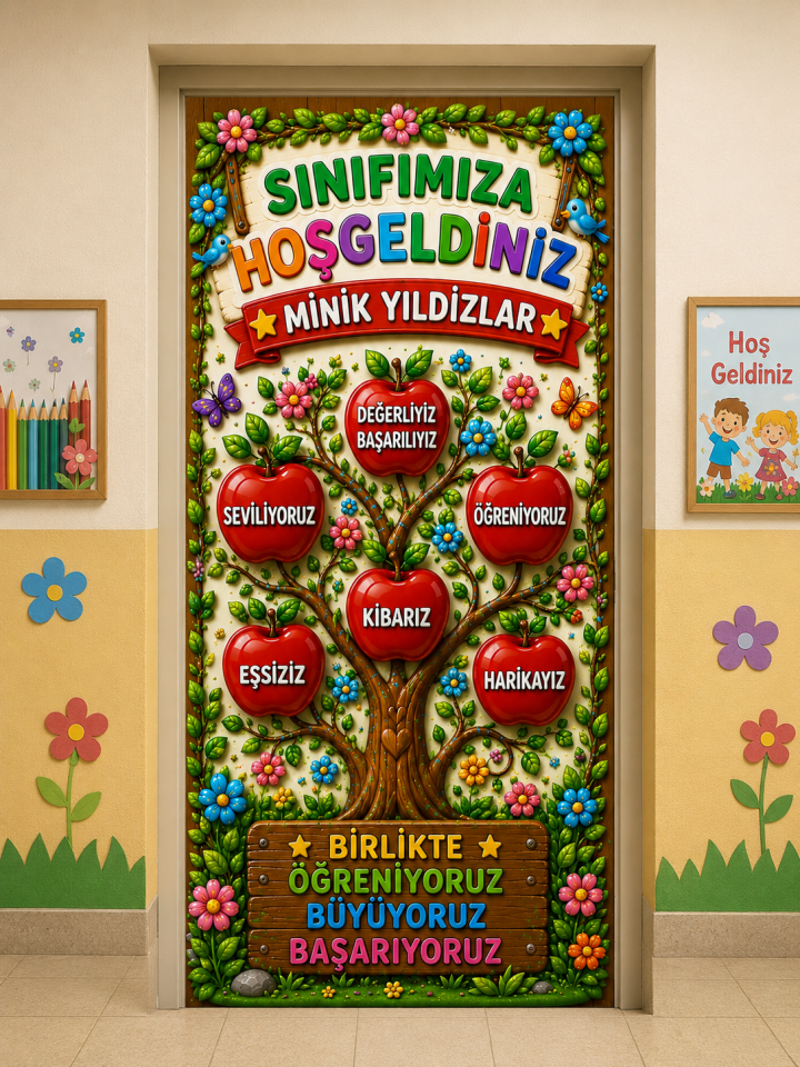 190x75cm Lastikli kapı süsü, Kumaş kapı giydirme, Sınıfımıza Hoş Geldiniz, Sınıf Kapısı, Okul etkinlik kapı süsü