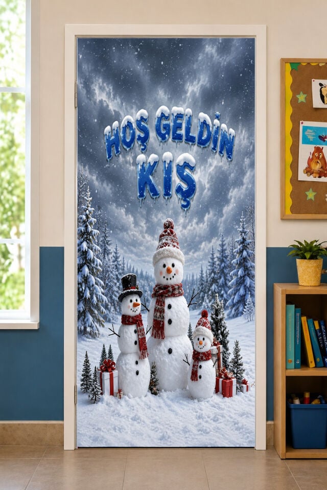 190x75cm Lastikli kapı süsü, Kumaş kapı giydirme, Hoş Geldin Kış, Sınıf Kapısı, Okul etkinlik kapı süsü