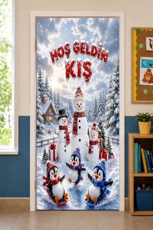 190x75cm Lastikli kapı süsü, Kumaş kapı giydirme, Hoş Geldin Kış, Sınıf Kapısı, Okul etkinlik kapı süsü