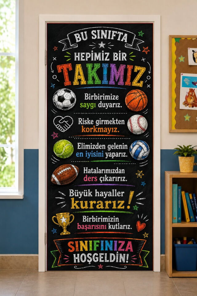 190x75cm Lastikli kapı süsü, Kumaş kapı giydirme, Bu Sınıfta Hepimiz Bir Takımız, Sınıf Kapısı, Okul etkinlik kapı süsü