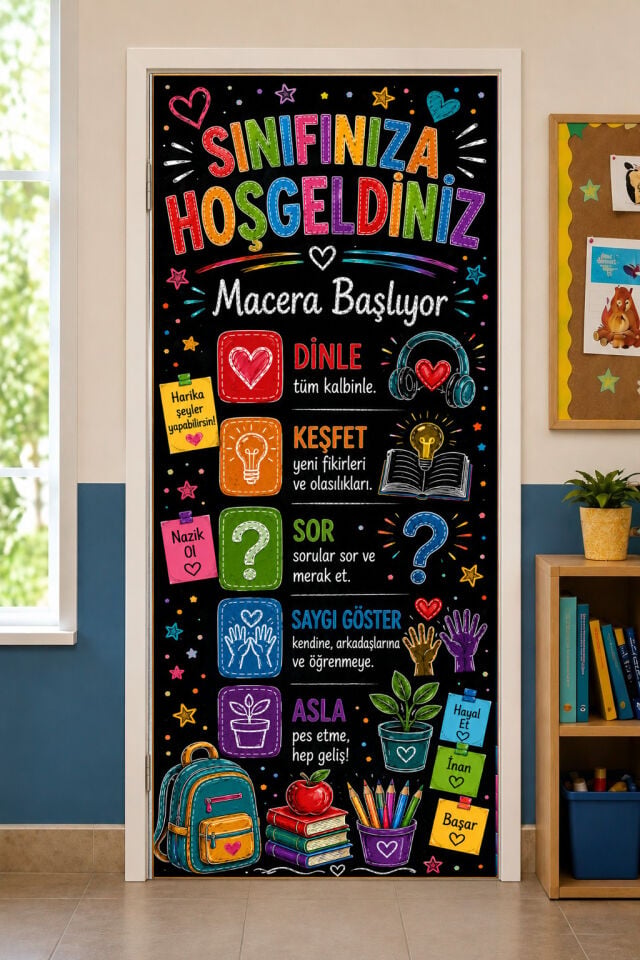 190x75cm Lastikli kapı süsü, Kumaş kapı giydirme, Sınıfınıza Hoş Geldiniz, Macera Başlıyor, Sınıf Kapısı, Okul etkinlik kapı süsü