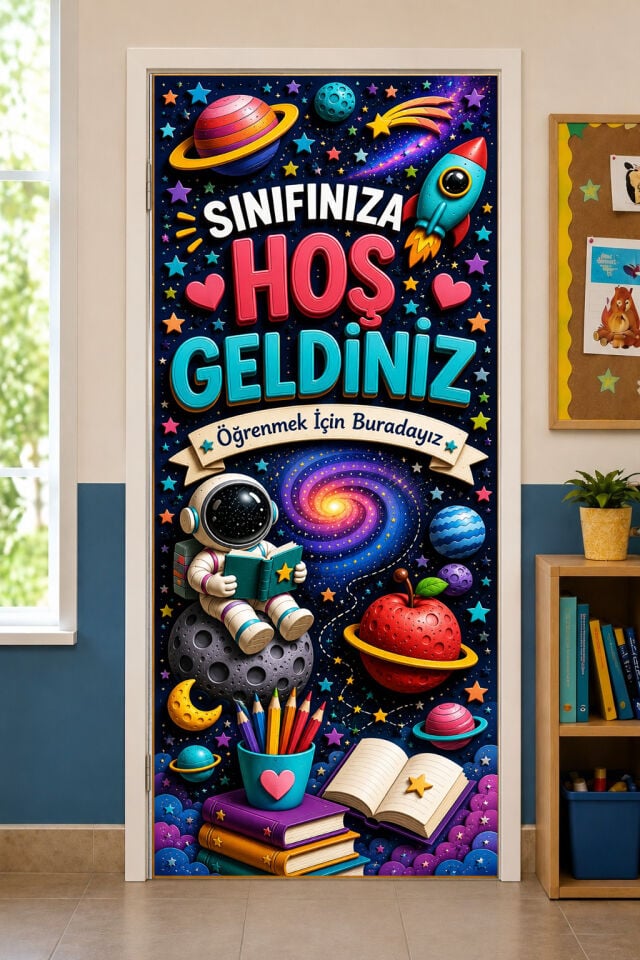 190x75cm Lastikli kapı süsü, Kumaş kapı giydirme, Öğrenmek İçin Buradayız, Sınıf Kapısı, Okul etkinlik kapı süsü