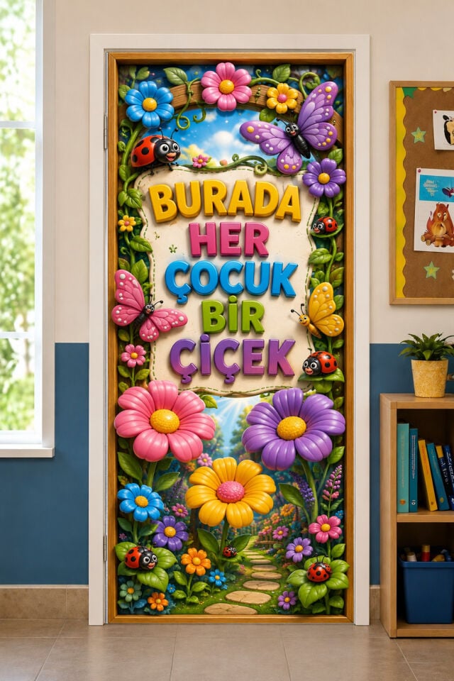 190x75cm Lastikli kapı süsü, Kumaş kapı giydirme, Burada Her Çocuk Bir Çiçek, Sınıf Kapısı, Okul etkinlik kapı süsü