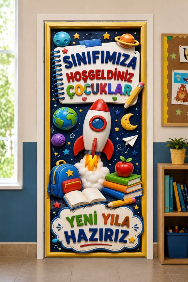 190x75cm Lastikli kapı süsü, Kumaş kapı giydirme, Yeni Bir Yıla Hazırız, Sınıf Kapısı, Okul etkinlik kapı süsü