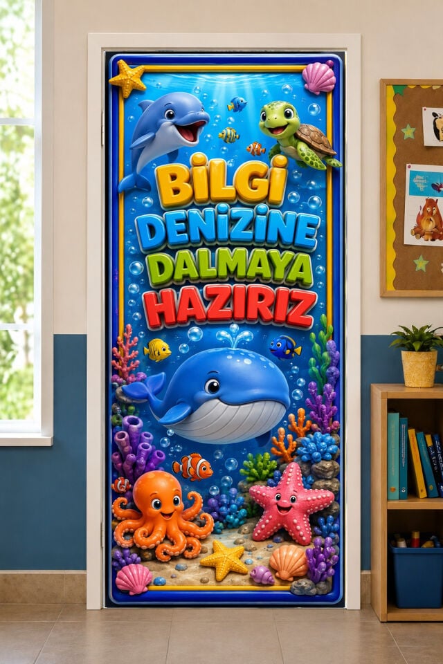 190x75cm Lastikli kapı süsü, Kumaş kapı giydirme, Bilgi Denizine Dalmaya Hazırız, Sınıf Kapısı, Okul etkinlik kapı süsü