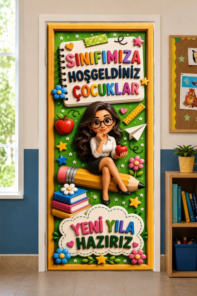 190x75cm Lastikli kapı süsü, Kumaş kapı giydirme, Sınıfınıza Hoş Geldiniz Çocuklar, Sınıf Kapısı, Okul etkinlik kapı süsü