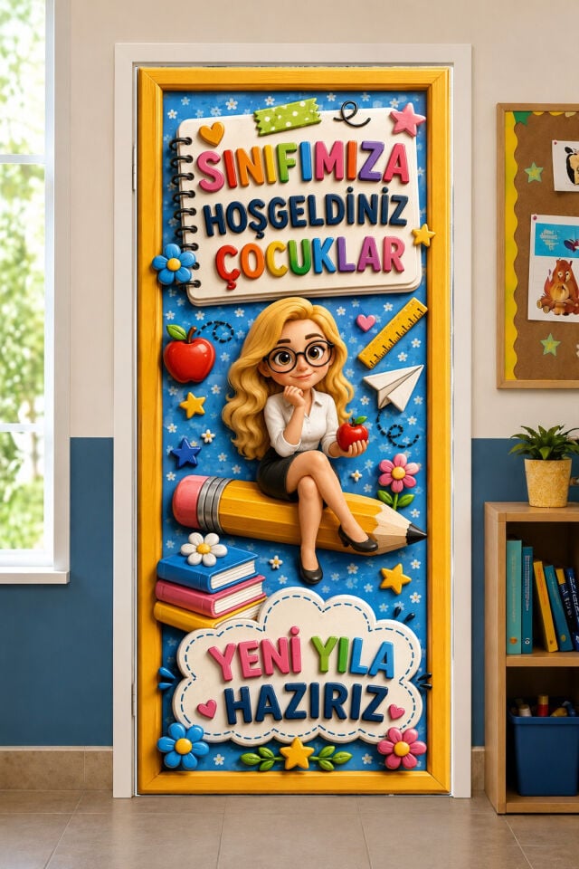 190x75cm Lastikli kapı süsü, Kumaş kapı giydirme, Sınıfınıza Hoş Geldiniz Çocuklar, Sınıf Kapısı, Okul etkinlik kapı süsü