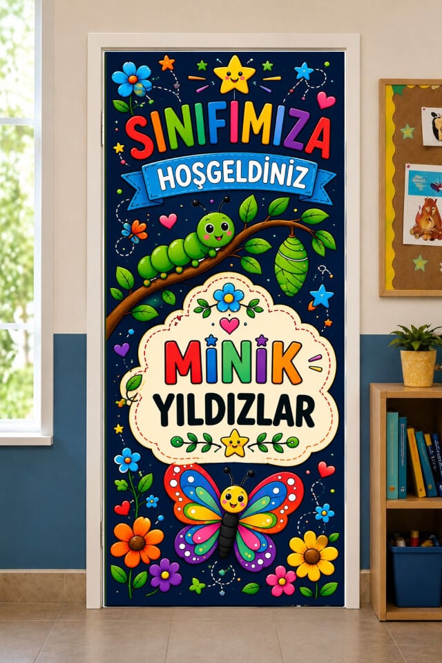 190x75cm Lastikli kapı süsü, Kumaş kapı giydirme, Sınıfımıza Hoş Geldiniz Minik Yıldızlar, Sınıf Kapısı, Okul etkinlik kapı süsü