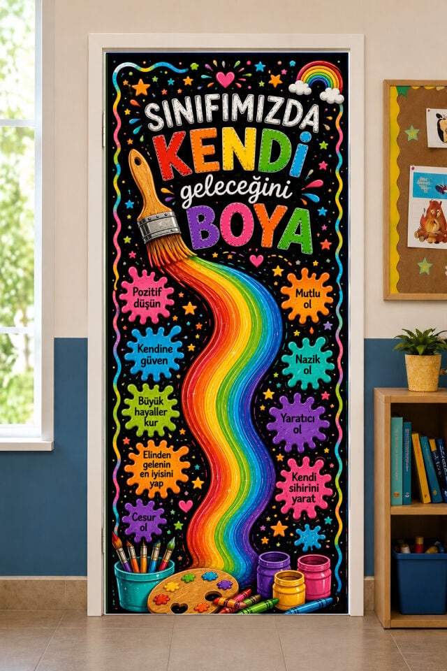 190x75cm Lastikli kapı süsü, Kumaş kapı giydirme, Sınıfımızda Kendi Geleceğini Boya, Sınıf Kapısı, Okul etkinlik kapı süsü