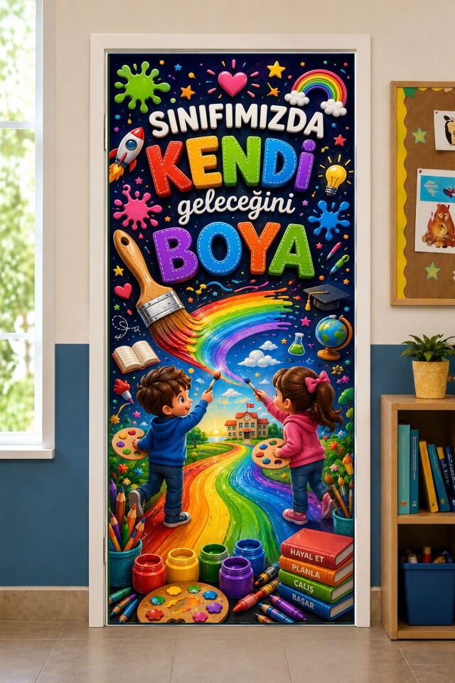 190x75cm Lastikli kapı süsü, Kumaş kapı giydirme, Sınıfımızda Kendi Geleceğimizi Boyuyoruz, Sınıf Kapısı, Okul etkinlik kapı süsü