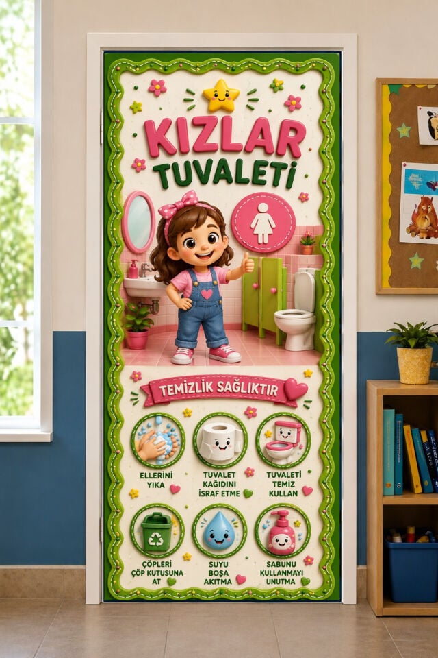 190x75cm Lastikli kapı süsü, Kumaş kapı giydirme, Kızlar Tuvaleti, Okul Tuvaleti Kapısı, Okul etkinlik kapı süsü