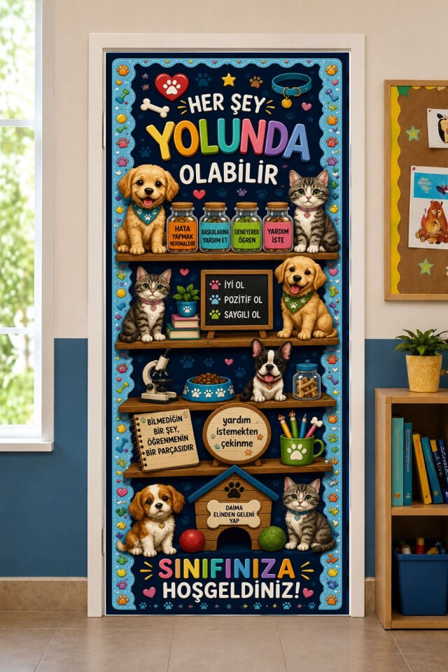 190x75cm Lastikli kapı süsü, Kumaş kapı giydirme, Her Şey Yolunda Olabilir, Sınıf Kapısı, Okul etkinlik kapı süsü