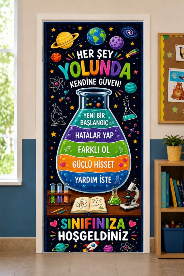 190x75cm Lastikli kapı süsü, Kumaş kapı giydirme, Her Şey Yolunda Kendine Güven, Sınıf Kapısı, Okul etkinlik kapı süsü