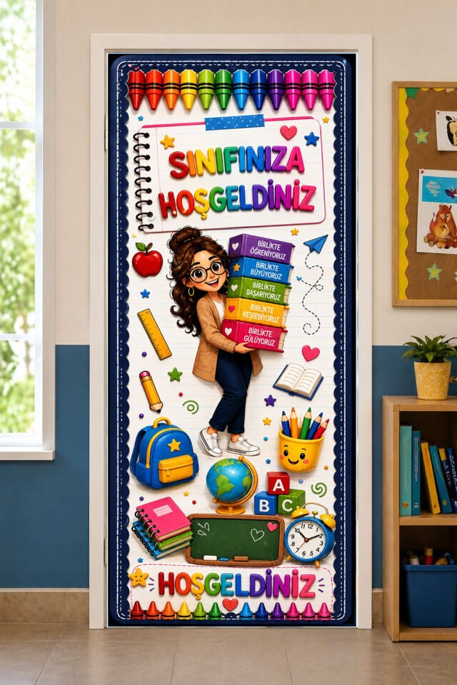 190x75cm Lastikli kapı süsü, Kumaş kapı giydirme, Sınıfınıza Hoş Geldiniz, Sınıf Kapısı, Okul etkinlik kapı süsü