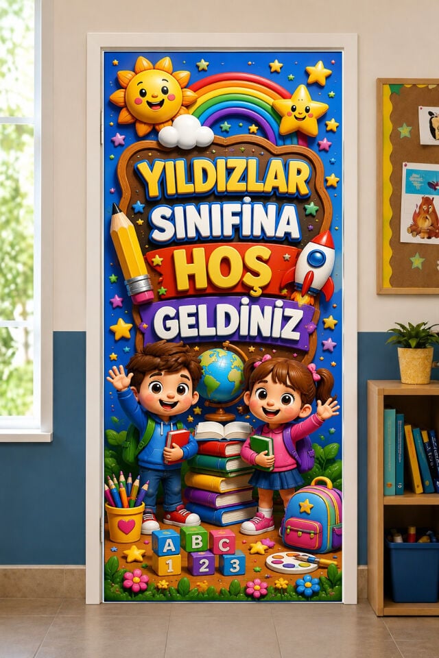 190x75cm Lastikli kapı süsü, Kumaş kapı giydirme, Yıldızlar Sınıfına Hoş Geldiniz, Sınıf Kapısı, Okul etkinlik kapı süsü
