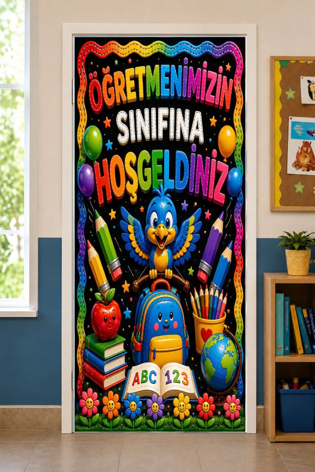 190x75cm Lastikli kapı süsü, Kumaş kapı giydirme, Sınıfa Hoş Geldiniz, Sınıf Kapısı, Okul etkinlik kapı süsü