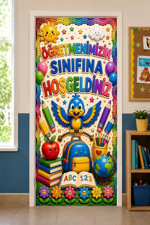 190x75cm Lastikli kapı süsü, Kumaş kapı giydirme, Sınıfa Hoş Geldin, Sınıf Kapısı, Okul etkinlik kapı süsü