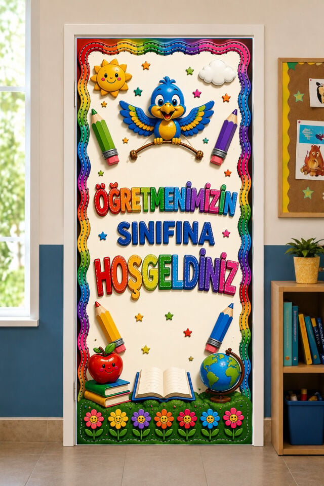 190x75cm Lastikli kapı süsü, Kumaş kapı giydirme, Sınıfa Hoş Geldin, Sınıf Kapısı, Okul etkinlik kapı süsü