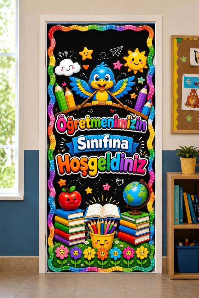 190x75cm Lastikli kapı süsü, Kumaş kapı giydirme, Sınıfa Hoş Geldin, Sınıf Kapısı, Okul etkinlik kapı süsü
