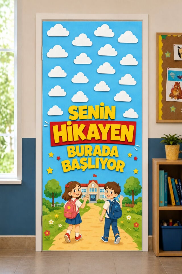 190x75cm Lastikli kapı süsü, Kumaş kapı giydirme, Senin Hikayen Burada Başlıyor, Sınıf Kapısı, Okul etkinlik kapı süsü