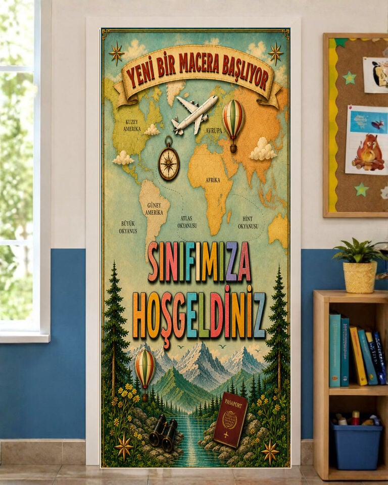 190x75cm Lastikli kapı süsü, Kumaş kapı giydirme, Yeni Bir Macera Başlıyor, Sınıf Kapısı, Okul etkinlik kapı süsü