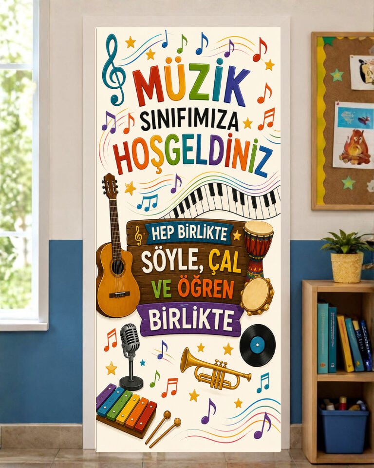 190x75cm Lastikli kapı süsü, Kumaş kapı giydirme, Müzik Sınıfımıza Hoş Geldiniz, Sınıf Kapısı, Okul etkinlik kapı süsü