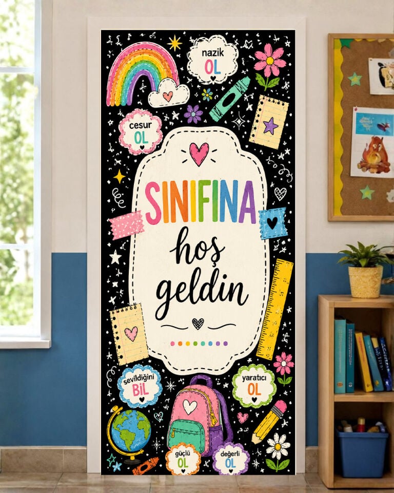 190x75cm Lastikli kapı süsü, Kumaş kapı giydirme, Sınıfına Hoş Geldin, Sınıf Kapısı, Okul etkinlik kapı süsü