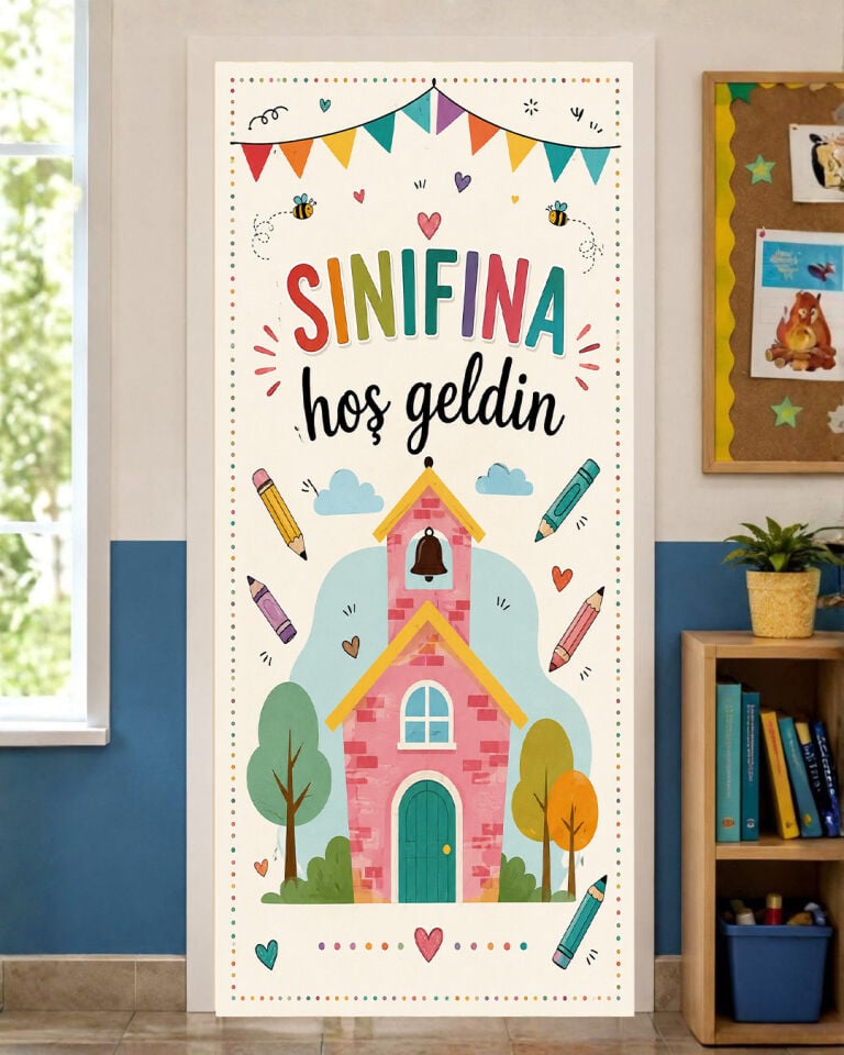 190x75cm Lastikli kapı süsü, Kumaş kapı giydirme, Sınıfına Hoş Geldin, Sınıf Kapısı, Okul etkinlik kapı süsü
