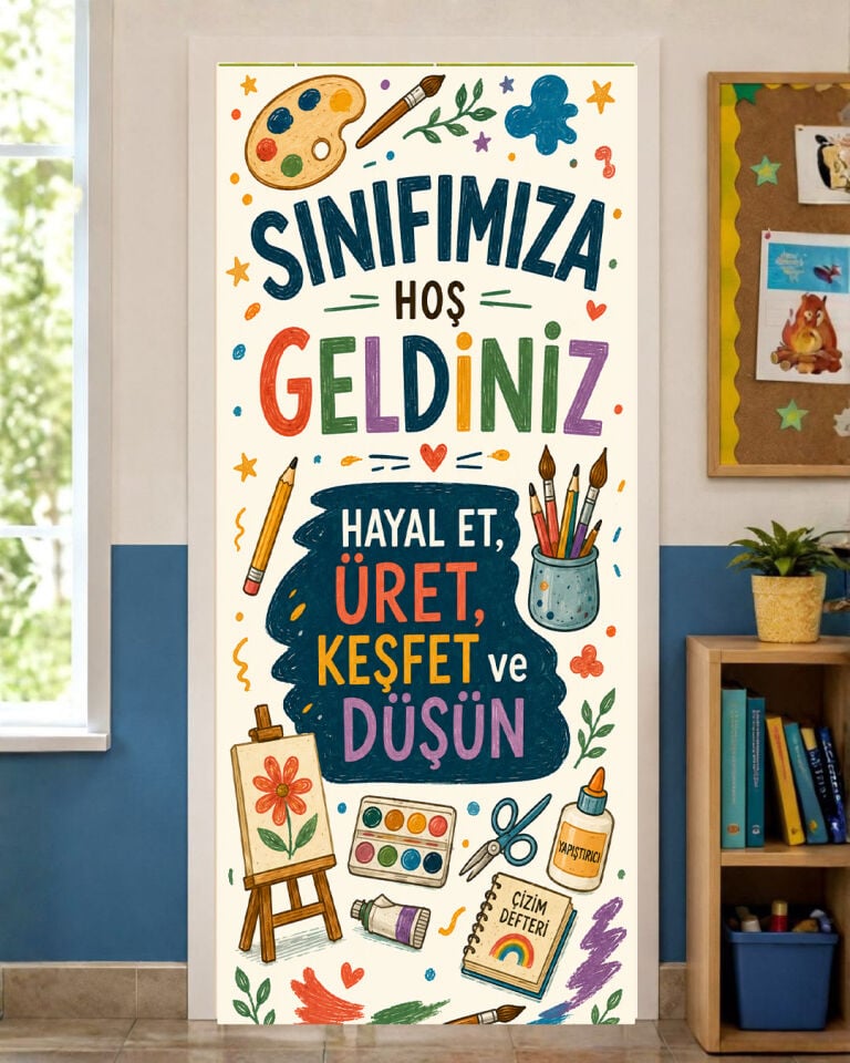 190x75cm Lastikli kapı süsü, Kumaş kapı giydirme, Sınıfımıza Hoş Geldiniz, Sınıf Kapısı, Okul etkinlik kapı süsü