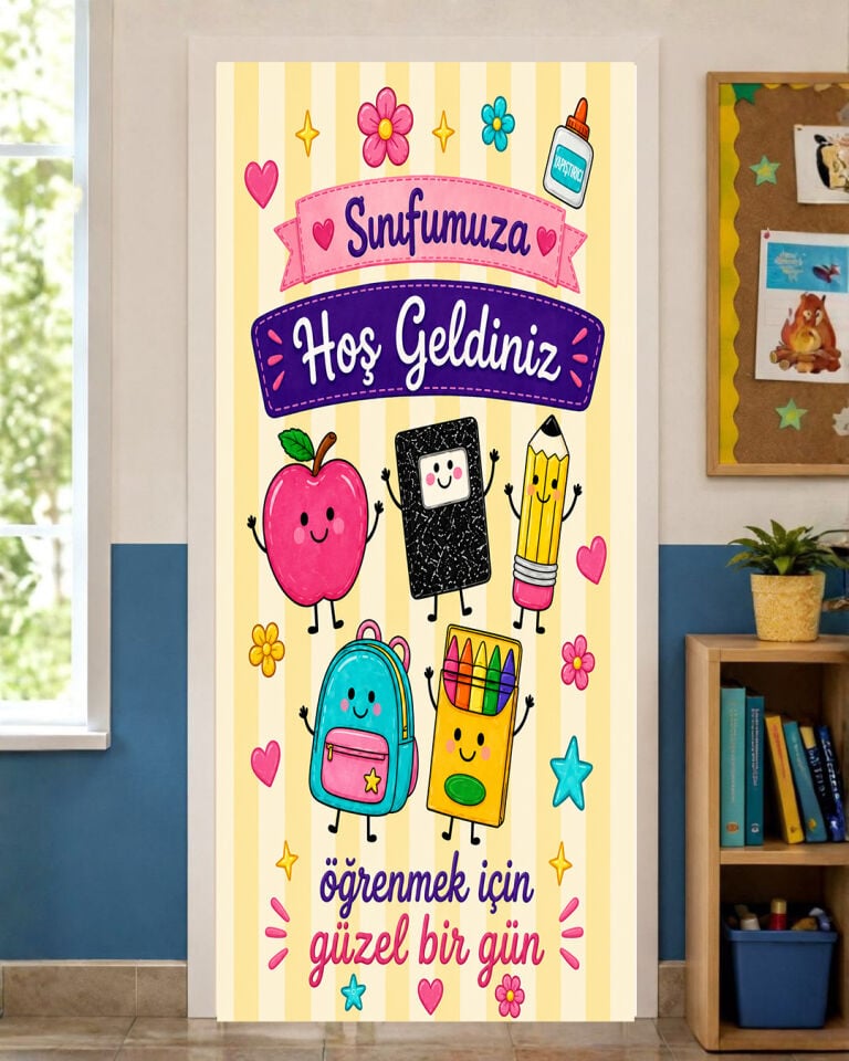 190x75cm Lastikli kapı süsü, Kumaş kapı giydirme, Sınıfımıza Hoş Geldiniz, Sınıf Kapısı, Okul etkinlik kapı süsü