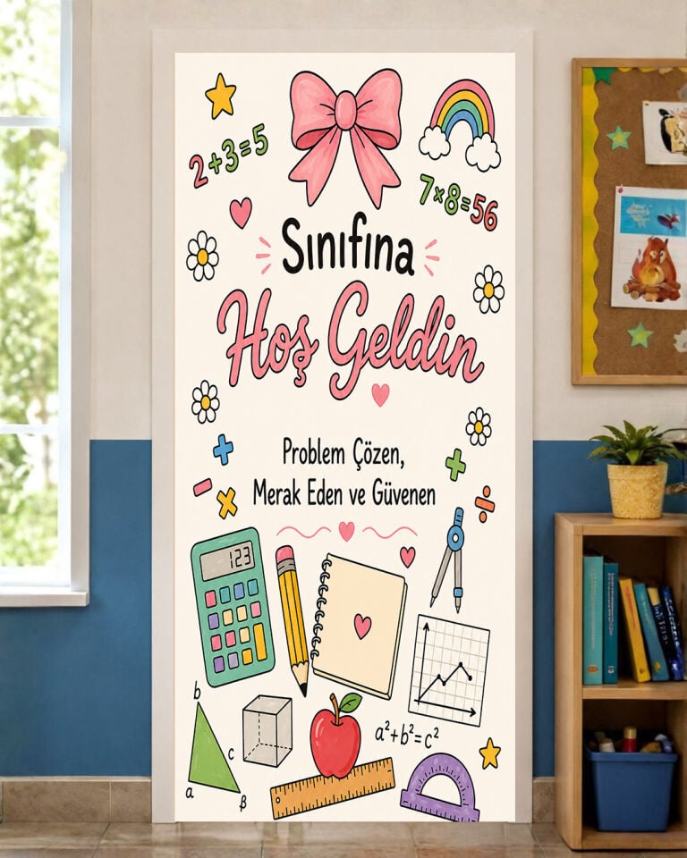 190x75cm Lastikli kapı süsü, Kumaş kapı giydirme, Sınıfına Hoş Geldin, Sınıf Kapısı, Okul etkinlik kapı süsü