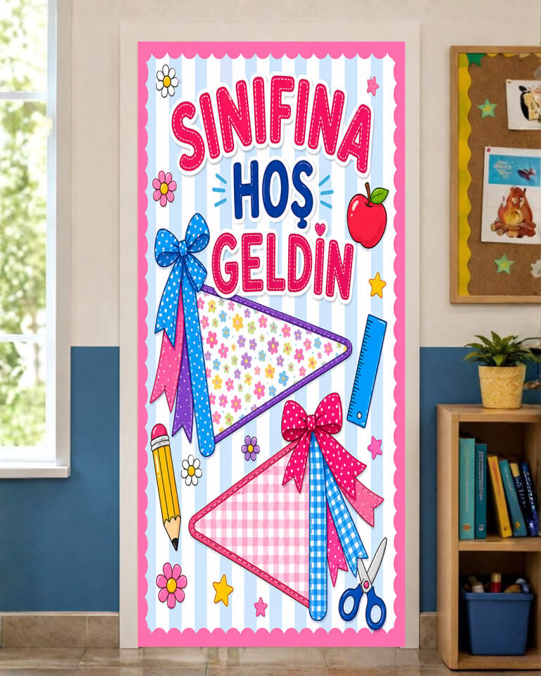 190x75cm Lastikli kapı süsü, Kumaş kapı giydirme, Sınıfına Hoş Geldin, Sınıf Kapısı, Okul etkinlik kapı süsü